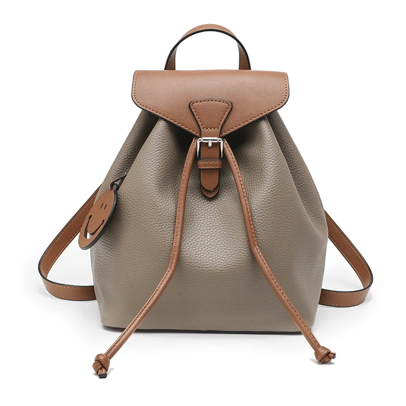 Smile Face String Lady's Backpack Color Matching Multifuction Soft Women Handbag Water Proof Licthi Grain PU Leather Causal Bags