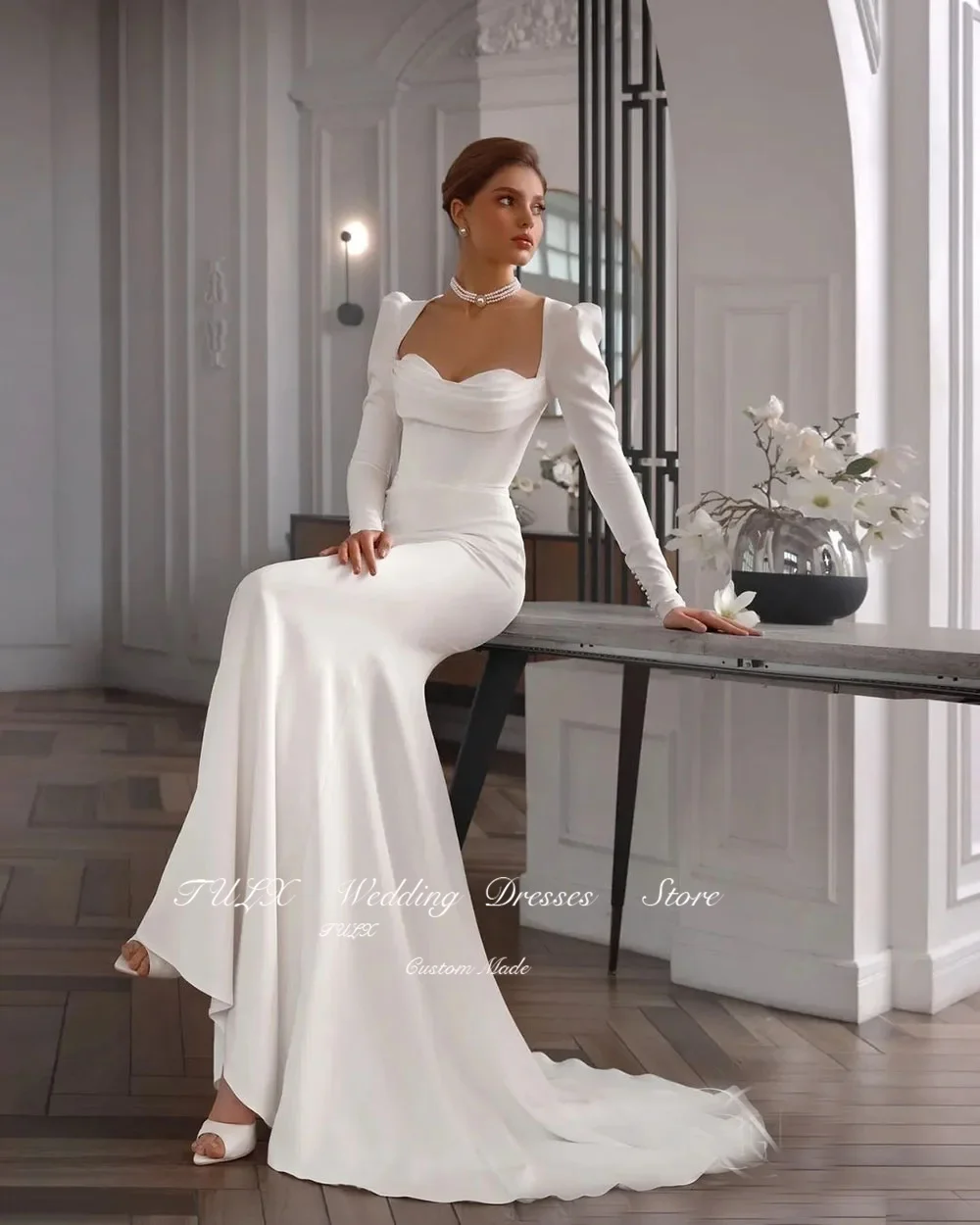 TULX-vestido de novia de satén con escote Corazón y Espalda descubierta, vestido de novia de manga larga, corsé elegante, sencillo y moderno, 2025