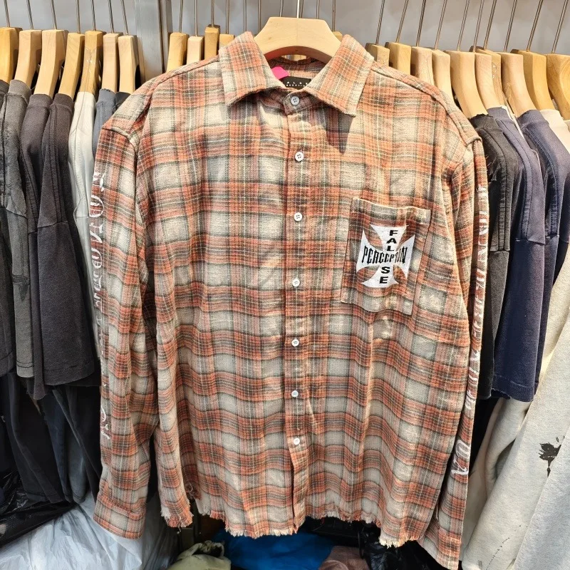 

American Retro Plaid Shirt Jacket Men Women Casual Streetwear Loose Fit Autumn Daily Outfits Cross Print Fashion