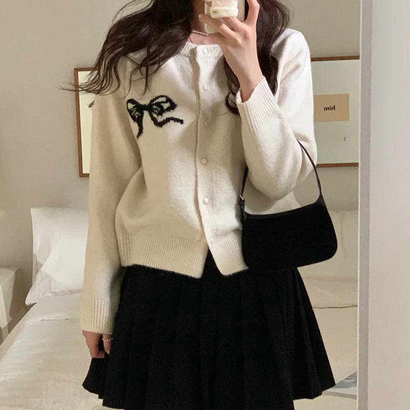 

Korea Chic Spring Bow Embroidery Knitted Cardigans Women 2024 New Fashion Single Breasted O-neck jacquard Sweater Knitwear Coat