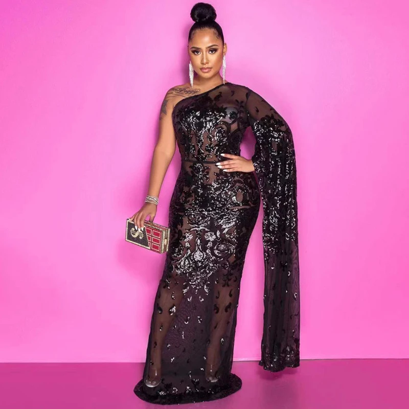 

Women's Sequin Mesh Single Shoulder Single Long Sleeved Mermaid Maxi Dress Sexy Nightclub Party Club Long Dress