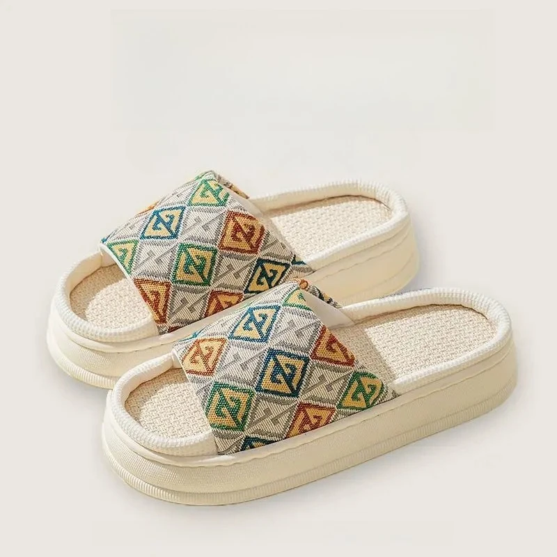 Women's Linen Slippers Sandals Slides with Thick Soft Sole All Season Non-Slip Indoor Cloud-Like Comfort Couple Casual Footwear