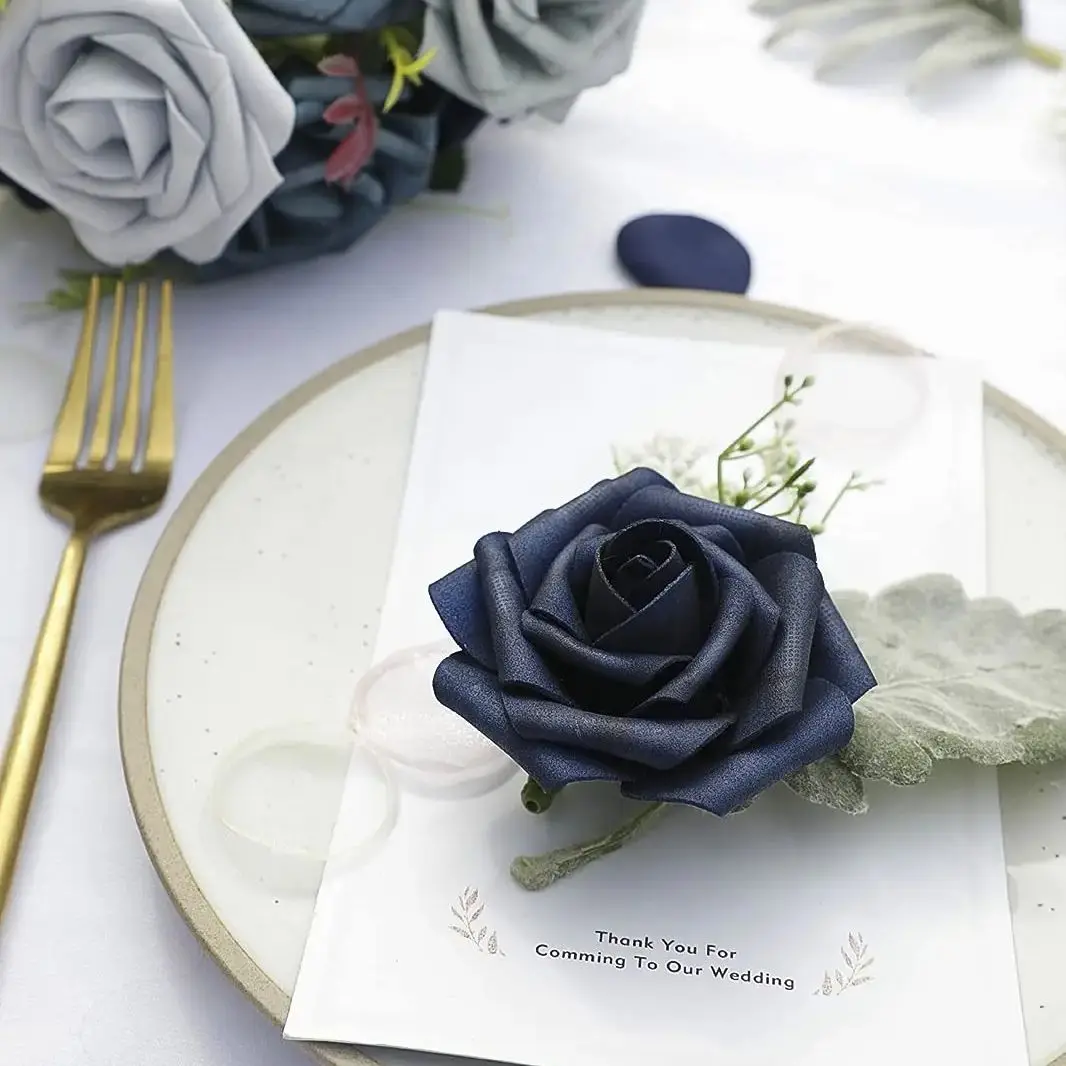 Artificial Flowers 25pcs Real Looking Navy Blue Foam Fake Roses with Stems for DIY Wedding Bouquets Bridal Shower Centerpieces P