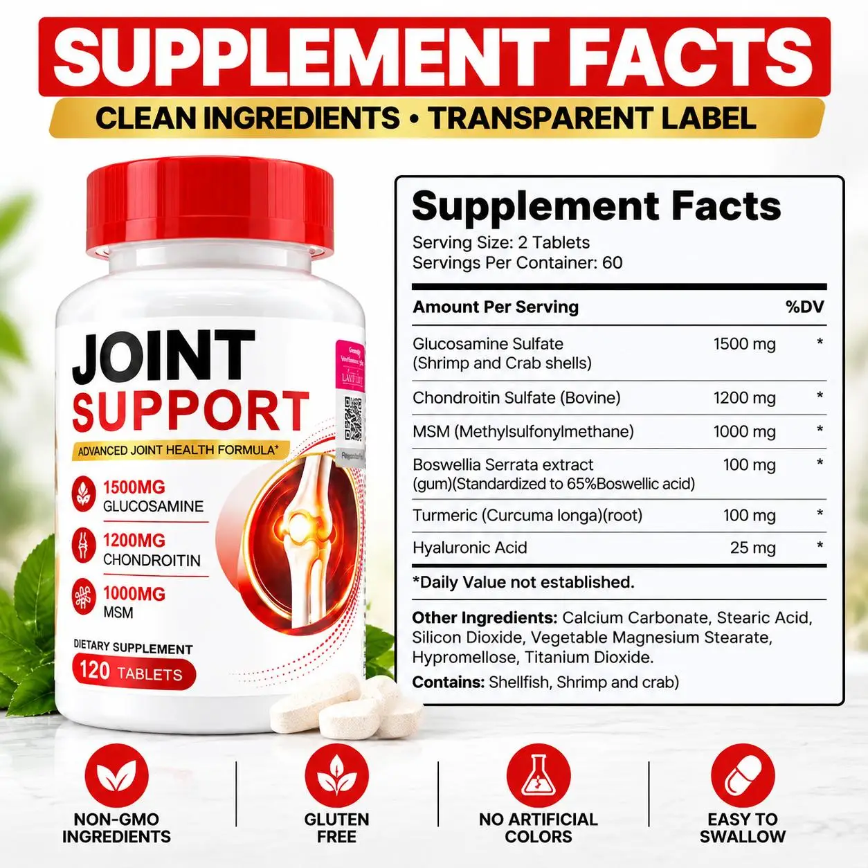 Joint Support Tablets Joint Flexibility Mobility Cartilage Health Bone Strength Knee Comfort Daily Active Lifestyle 120 Tablets