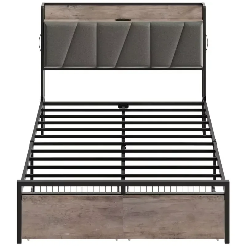 Queen/Full Size Bed Frame with Charging Station, Upholstered Headboard with Drawer, Heavy Metal Bed Frame with Power