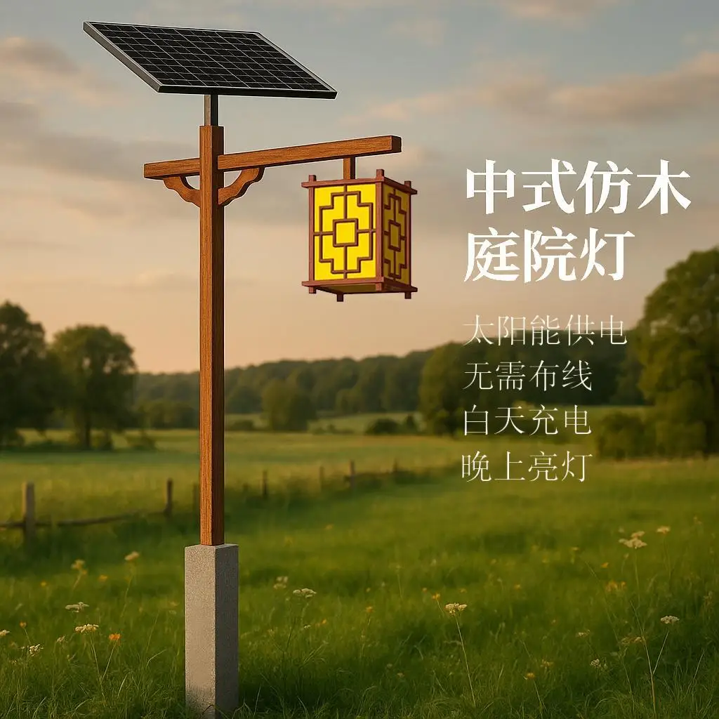 Солнечный китайский садовый светильник, имитация древесного зерна, парк, древний город, культурная сцена