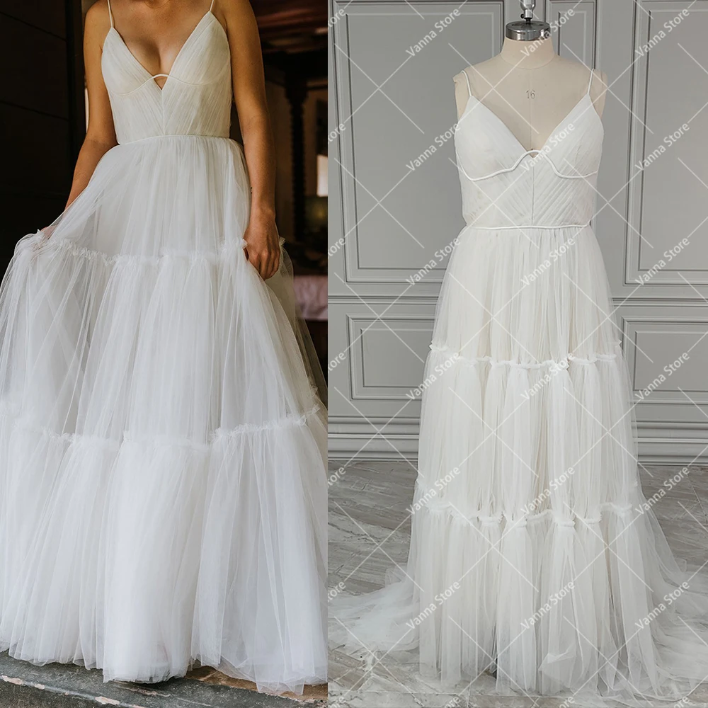 Spaghetti Straps Tiered Pleated Tulle Open Back Wedding Gown Customized Low Cut V Neck Mesh Brush Train Rustic Bridal Dress