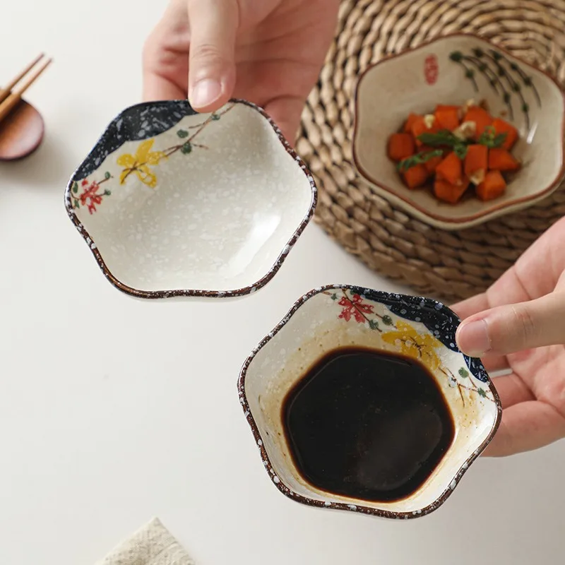 Japanese Ceramic Small Dish Creative Hexagonal Plum Blossom Condiment Dish Sauce Seasoning Plate Family Kitchen Tableware 4