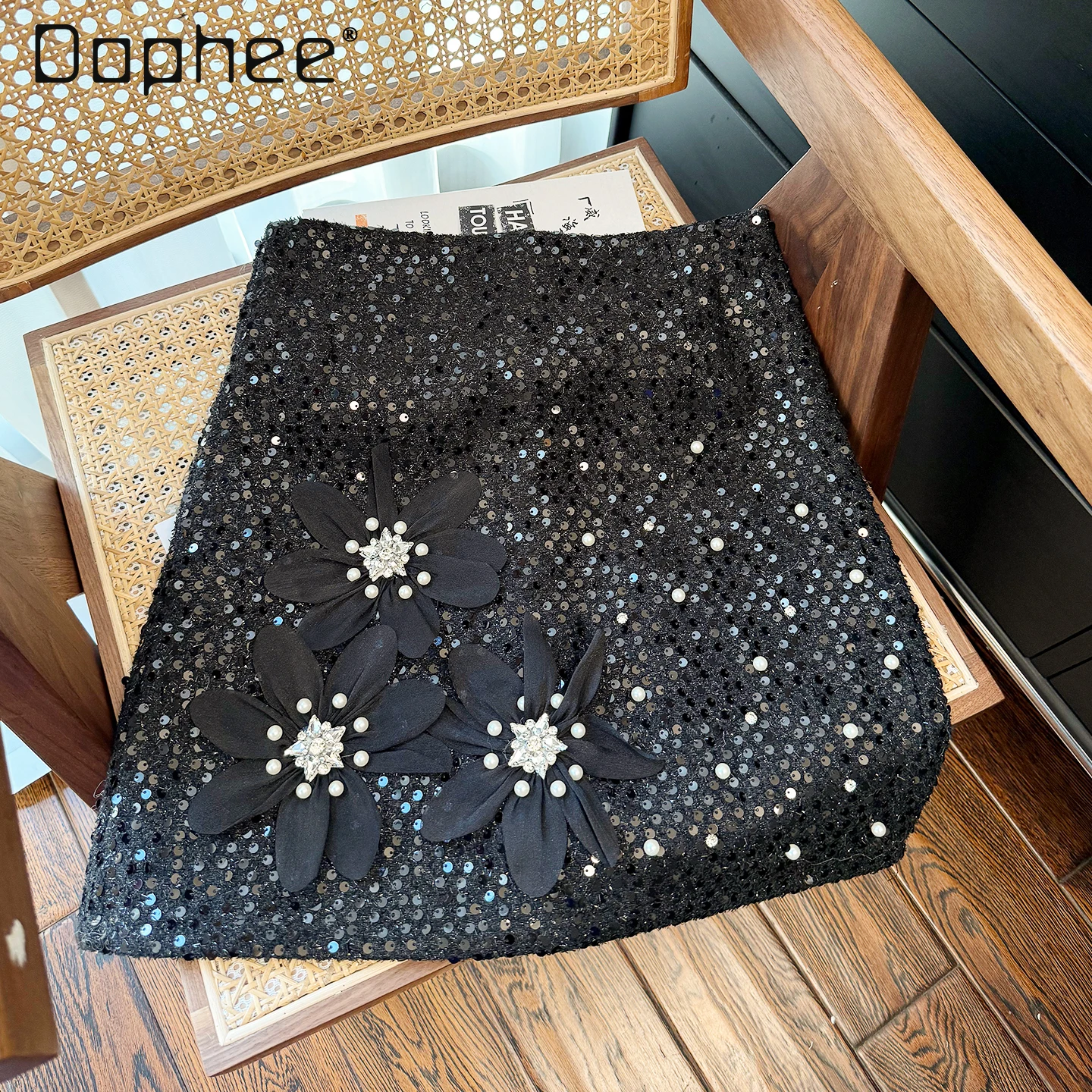 Heavy Sequin Embellished Beaded Floral Mini Skirt Women 2025 Winter Korean Chic Versatile High Waist Slim Black A-line Skirts