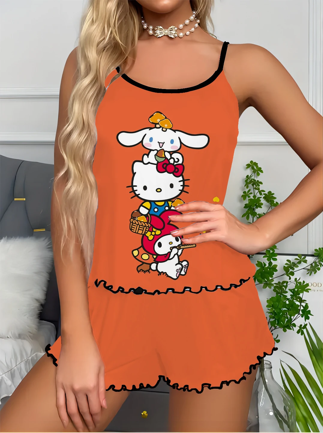 

Summer Comfort Home Simple Women's Clothing Cartoon Hello Kitty Cute Print Spaghetti Straps Sexy Suspenders Ladies Suit