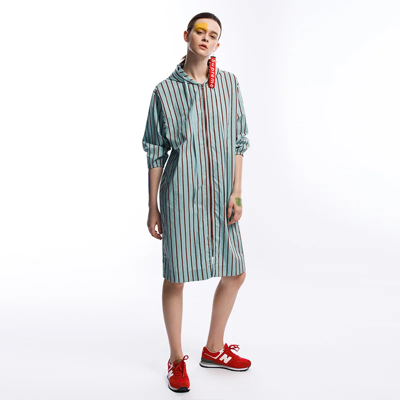 

Original Artistic Striped Zipper Hooded Open Cardigan Midi Loose Casual Dress Women's Fashion Spring Summer Cotton PU Elastic...