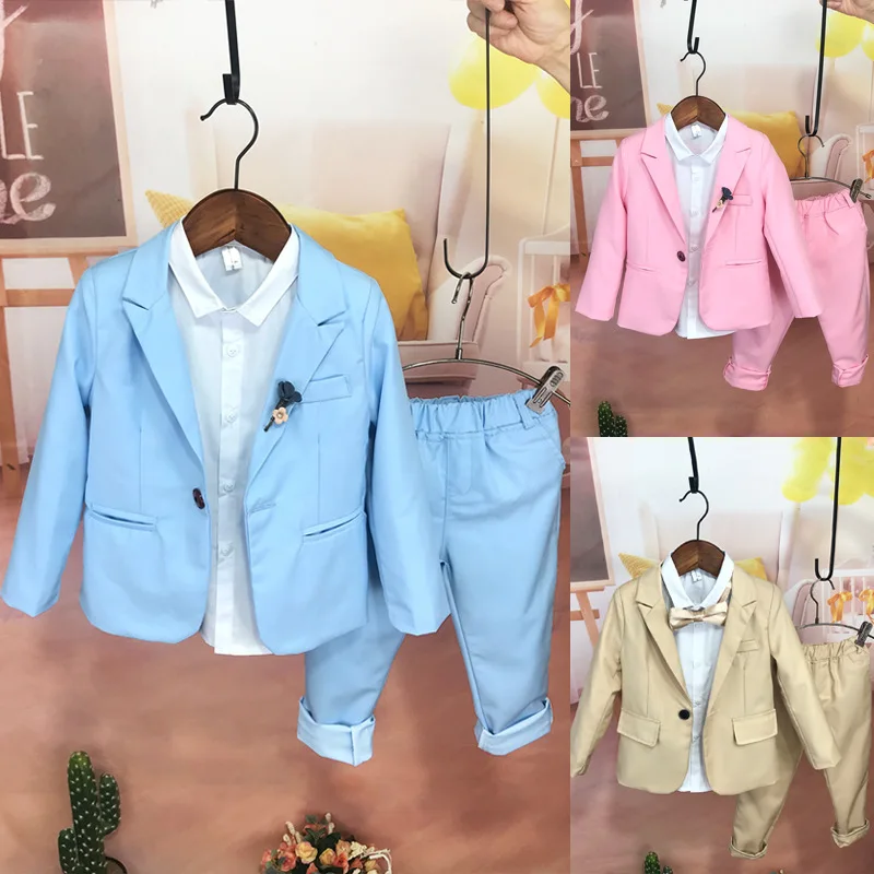 2022 Kids Pink Blue Wedding Blazer Suit Brand Flower Boys Formal Tuxedo Dress Child School Suit Outdoor Photography Clothing Set