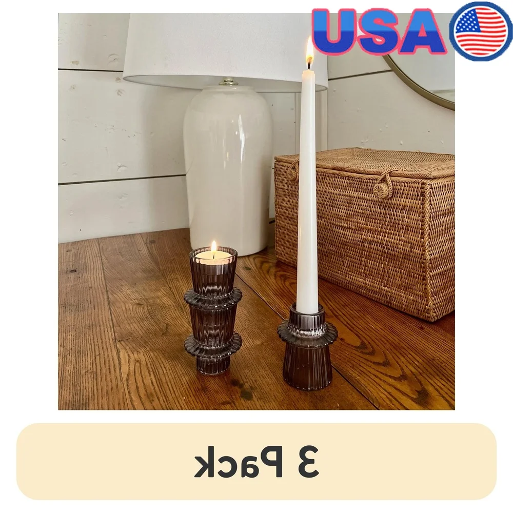 

3 Pack Decorative Smoke Glass Ribbed Taper Tealight Candleholders Stackable Elegant Indoor Decor Set Ambiance Enhancements