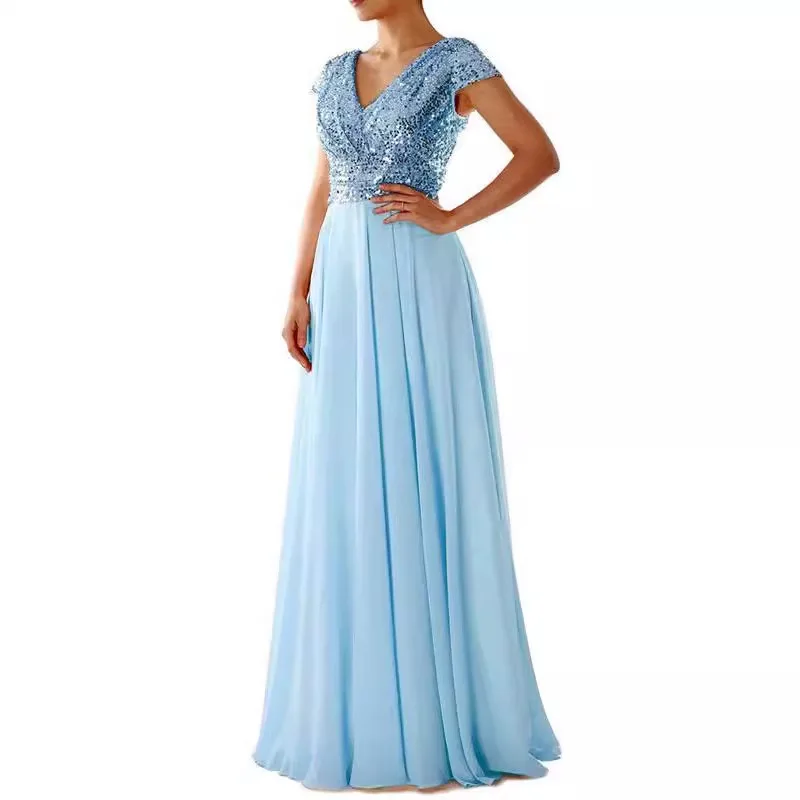 فستان سهرة طويل جديد للصيف بياقة على شكل V مع ترصيع لامع وتطريز شيفون بأربعة ألوان بتصميم أنيق وعصري بخصر متوسط وتنورة محبوكة...