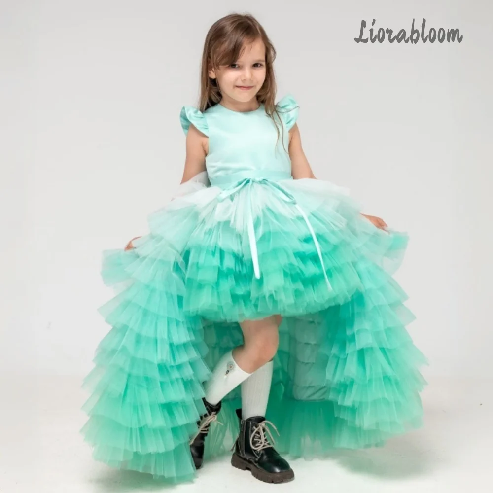 

Emerald Green High-low Kids Dress Girls Puffy Tulle Skirt with Bow Sleeves Stage Performance Wedding Flower Girl Gown