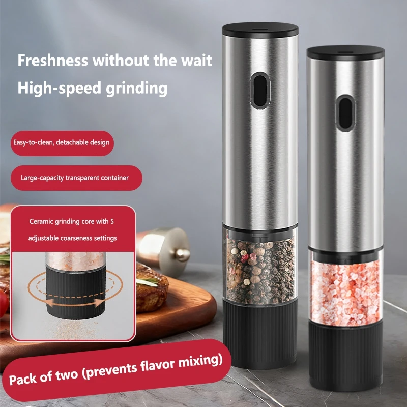 1pc/2pcs Electric Salt and Pepper Grinder Automatic Rechargeable Pepper Mill Shakers External Adjustable Coarseness Kitchen