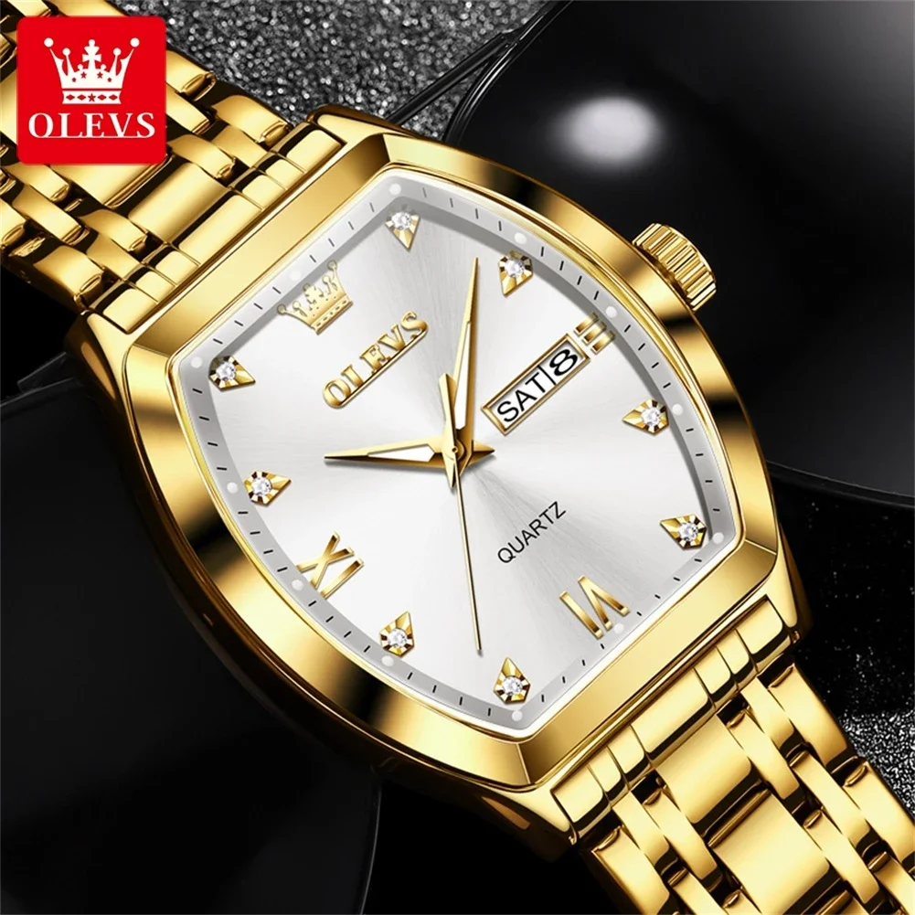 OLEVS Business Tonneau Dial Top Brand Luxury Stainless Steel Quartz Watch Men Date Clock Waterproof Wristwatch Relógio Masculino