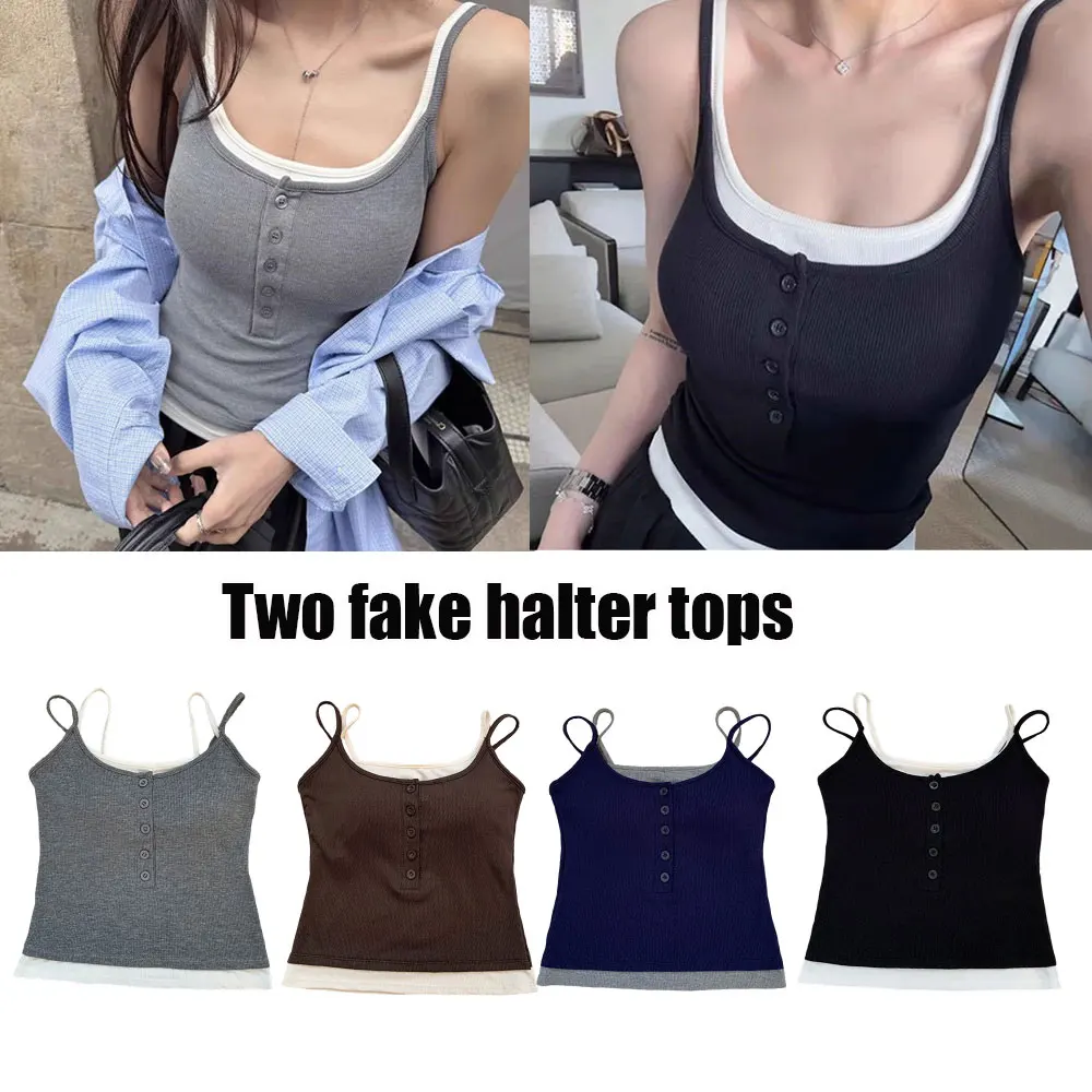 Sexy Women's Fake Two-Piece Ribbed Knit Camisole Pure Buttoned Slimming Crop Top With Chest Pad  Summer Spaghetti Strap Tank Top