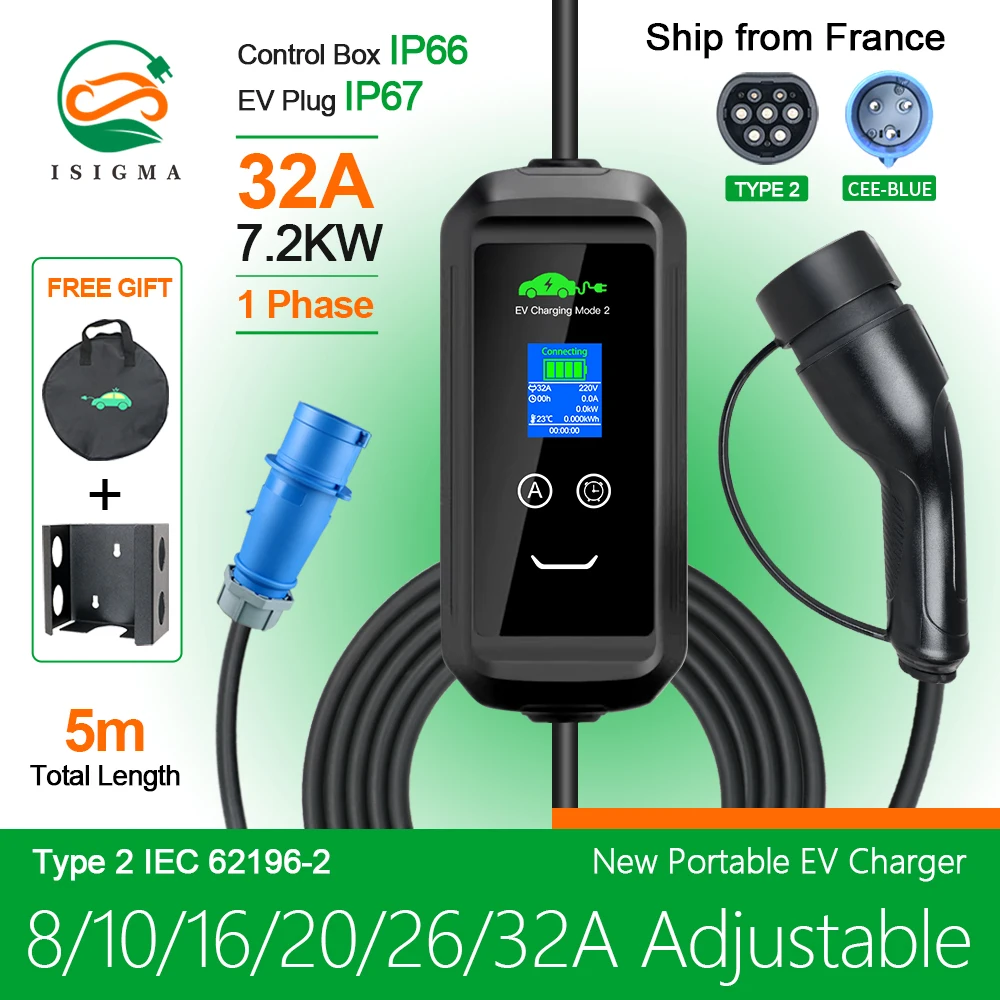 Isigma Electric Vehicle Car Charger EVSE Wallbox 32A 7.2KW Power Plug 5m Charging Box Plug 1Phase EV Portable Charger Type2