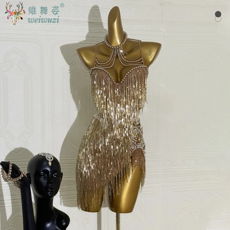 

Latin Dance Competition Women's High End Customized Hollow Diamond Split Dress Adult and Children Rumba Chacha Performance Dress
