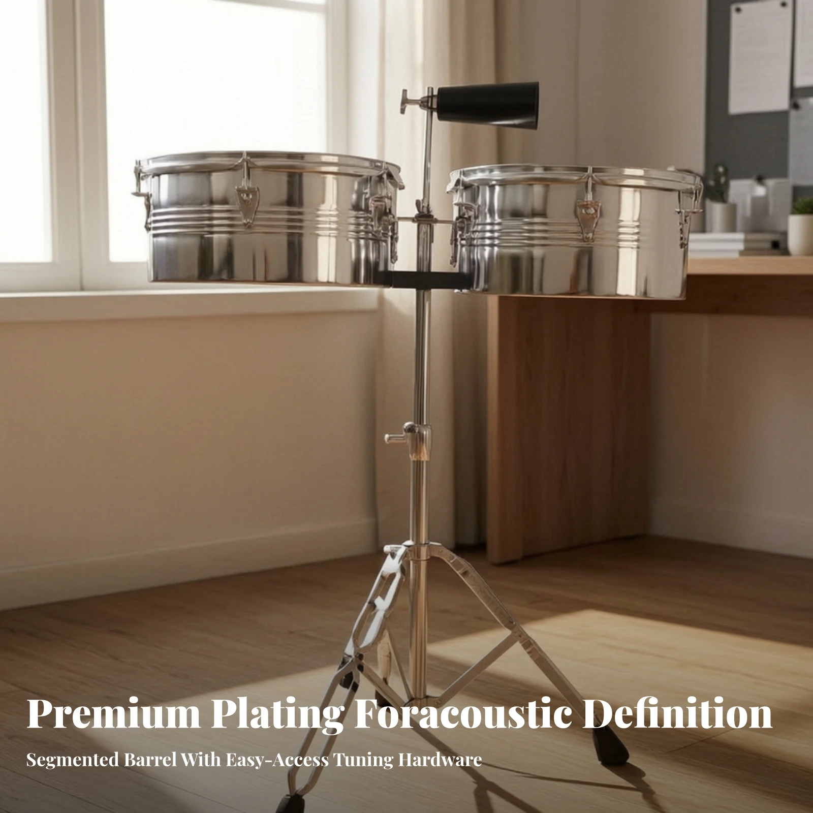 Timbale Set with Cowbell Metal Timbale Drums with Stand Percussion Instrument Heavy-Duty for Percussionists, Live Performance
