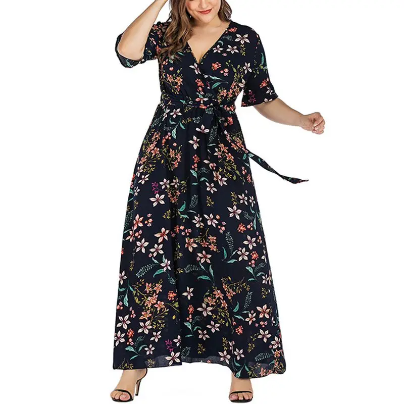 Gaun bermotif renda kerah V wanita, lengan melebar, ikat pinggang modis ukuran plus, kualitas seksi, gaya musim panas baru,