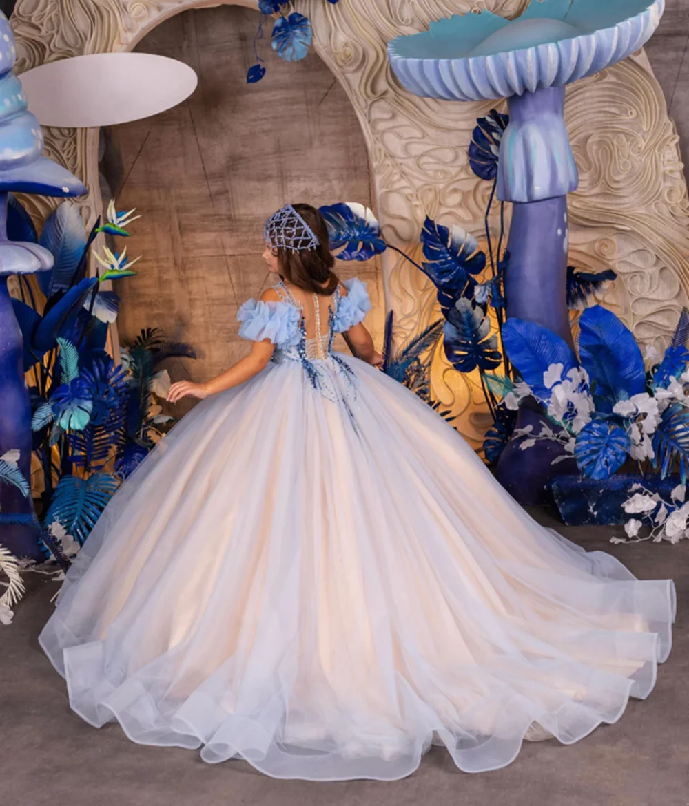 

Sunnypetal Light Blue Gradient Sequins Floral Princess Flower Girl Dress Prom Pageant Gowns