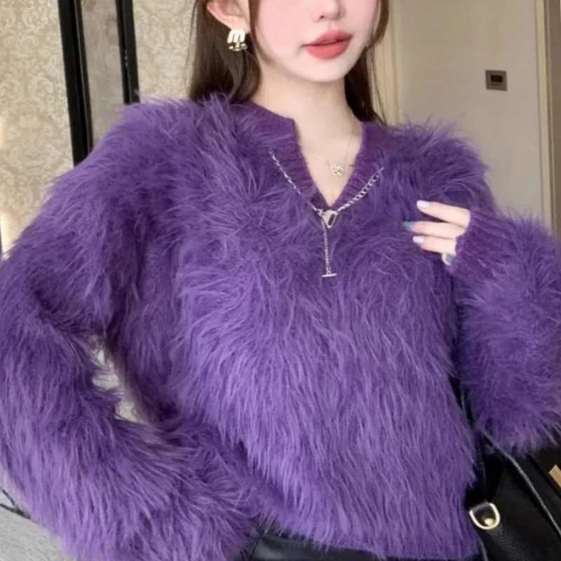 Autumn Winter New Fashion V-neck Long Sleeve Pullovers Women's Clothing Mink Fur Popularity Sweet Trend All-match Loose Sweaters