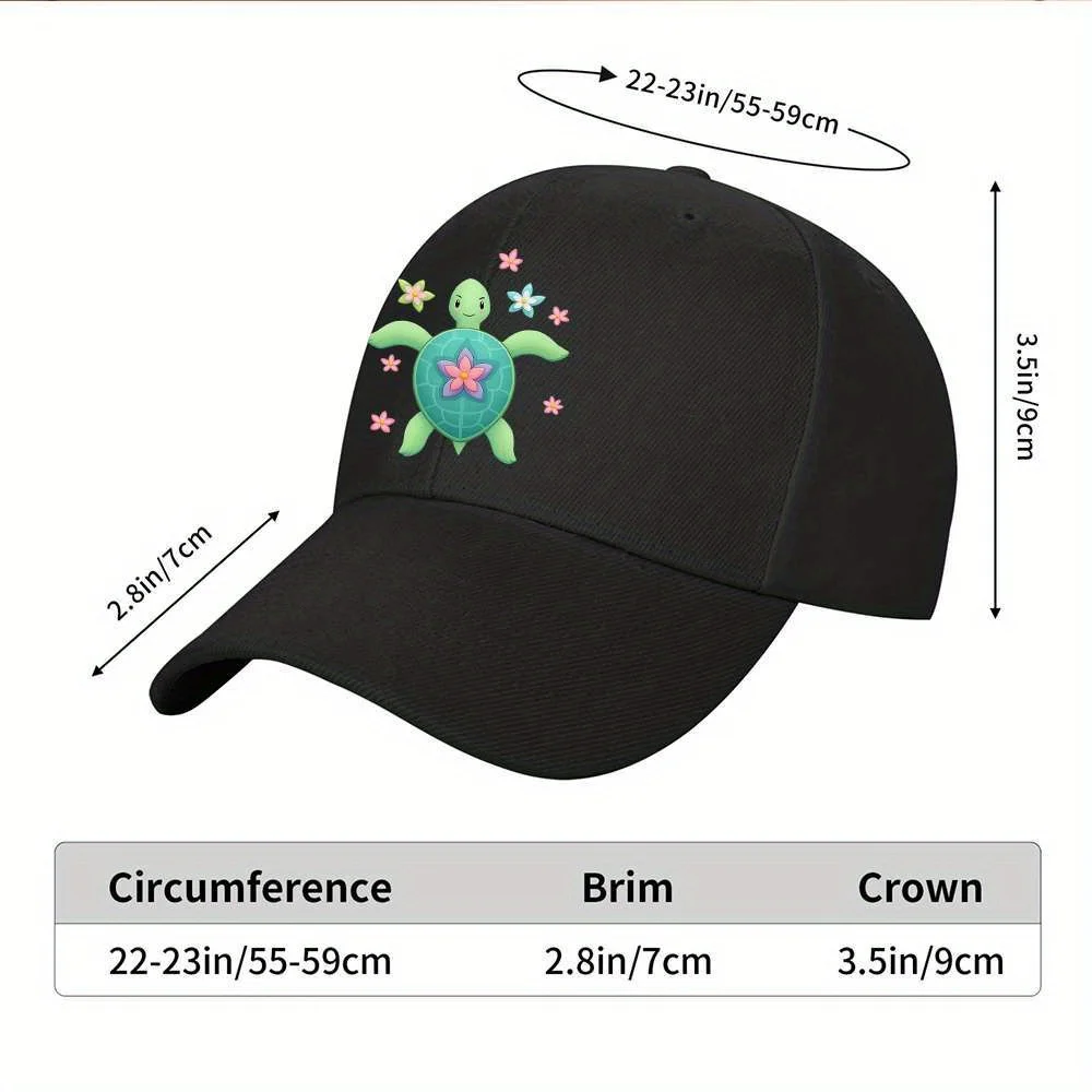 Green Sea Turtle Floral Baseball Cap Marine Life Casual Black Sun Hat Unisex Adjustable