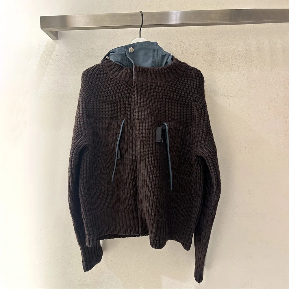 

2025 New Autumn Winter Women Hooded Sweater Loose Knit Pullover Long Sleeve Color Block Casual Outwear