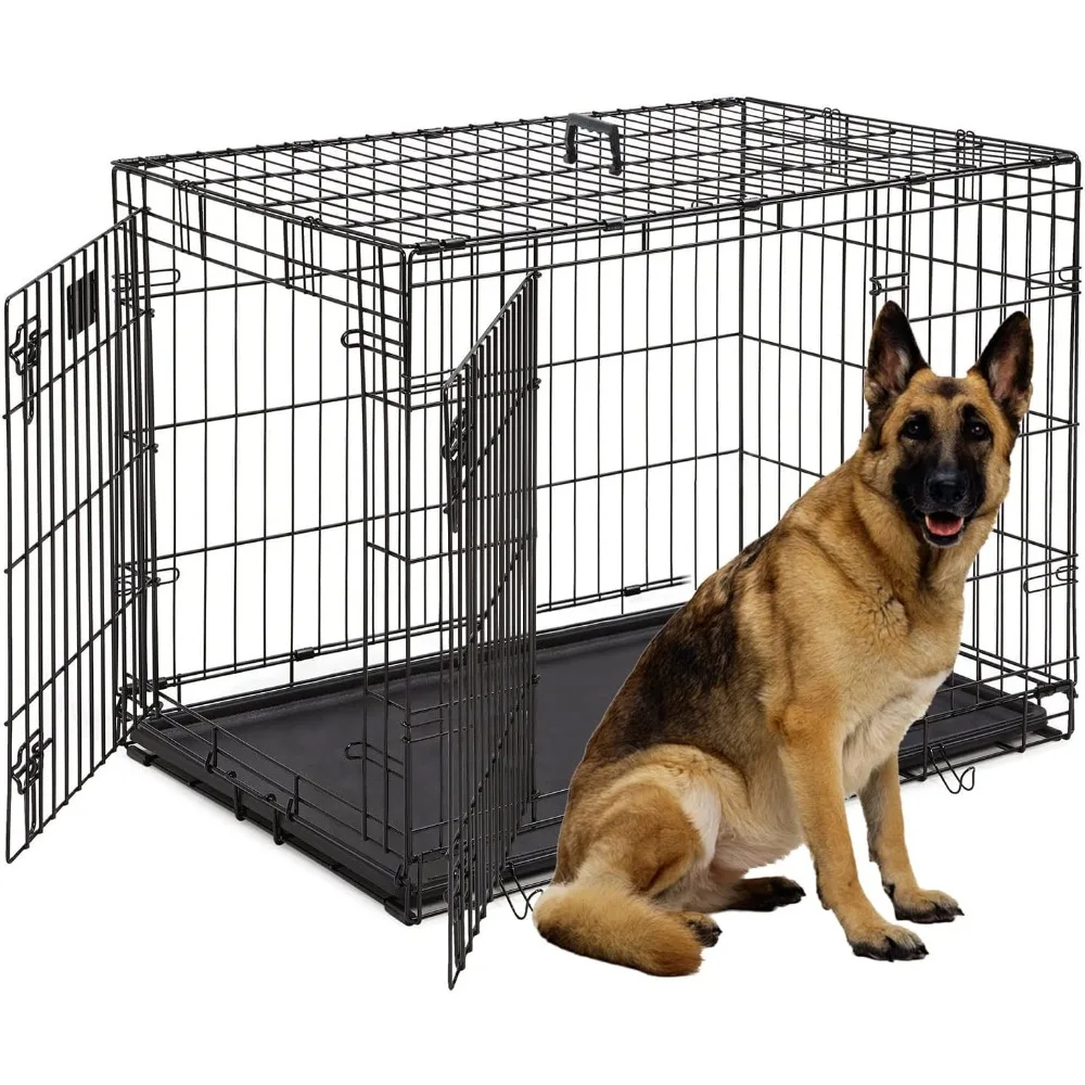 48-Inch Double Door Folding Metal Dog Crate with Divider and Leak-Proof Pan - for Medium To Large Breed Dogs. Cages