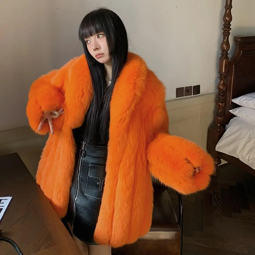 Luxe Vrouwen Natuurlijke Echte Vossenbontjas Wintermode Elegante Oranje Echt Bont Warme Dikke Overjas