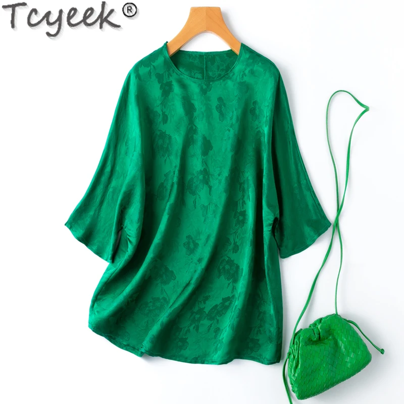 Tcyeek 100% Mulberry Silk T-shirts for Women 2024 Vintage Clothes Elegant Female Blouses Summer Womens Tops Loose Fit Футболки