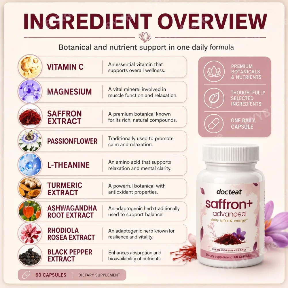Docteat Saffron+ Advanced Capsules 60pcs Saffron Magnesium L-Theanine Ashwagandha Passionflower Mood Energy Calm Focus Support
