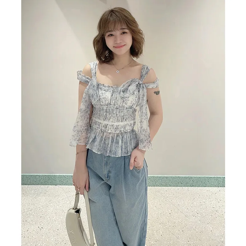 

Gagarich Fashion 2025 Early Spring Japanese Cross Border Sweet Bow Strap Chiffon Folded Strap Blouse Top