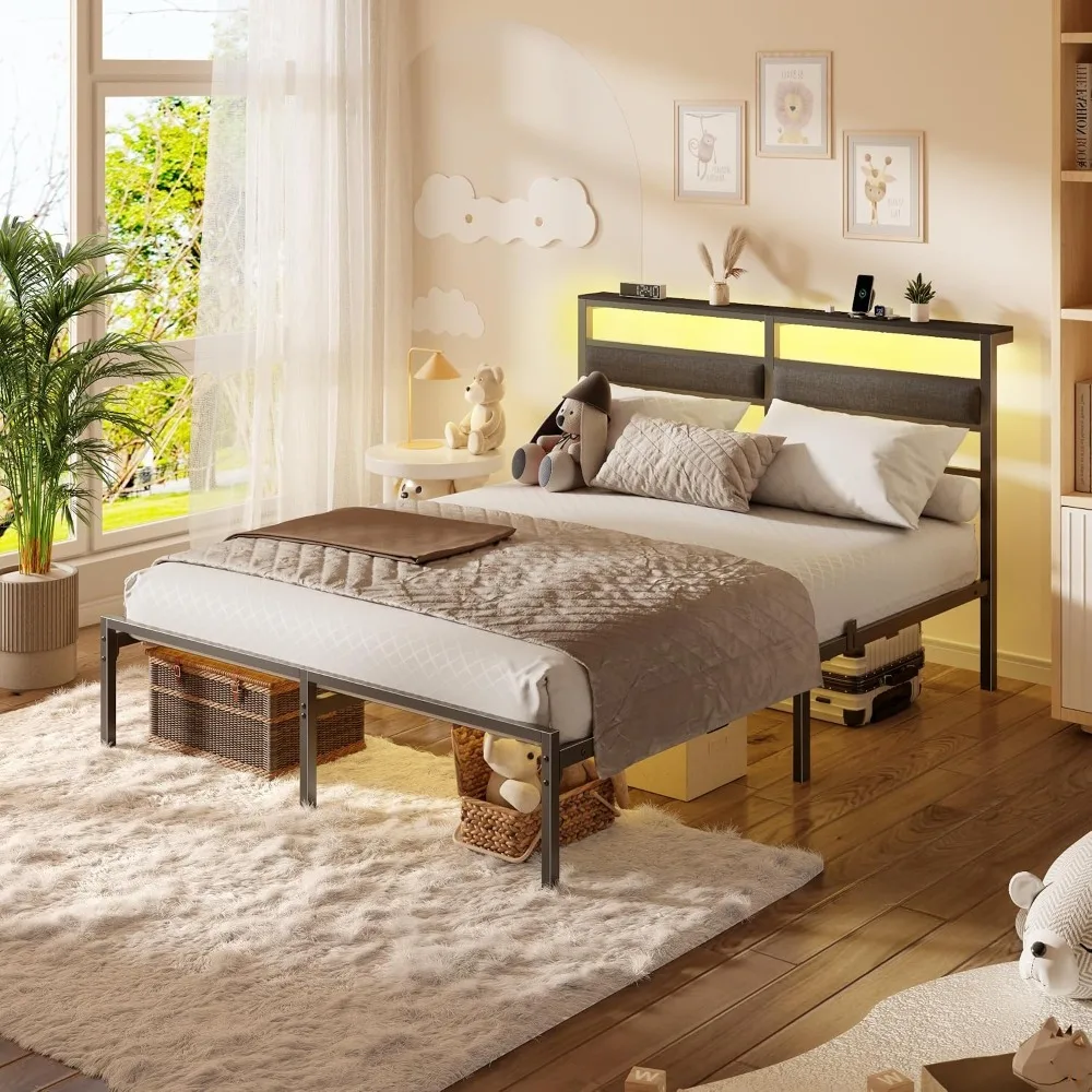 

Full Size Bed Frame with Headboard, Bed Frame Full Size with LED Light and Charging Station, Black Metal Platform, Customized