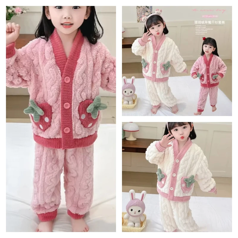

Популярный кавайный модный пижамный комплект для девочек, студенческий зимний повседневный теплый штаны с героями мультфильмов на флисовой подкладке, комплект из 2 предметов, детская одежда