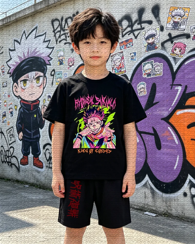 Anime Ryomen Sukuna Neon Streetwear Graphic Tee Shorts Quick Dry Breathable Sports Casual Jujutsu Kaisen Outfit Loungewear Set