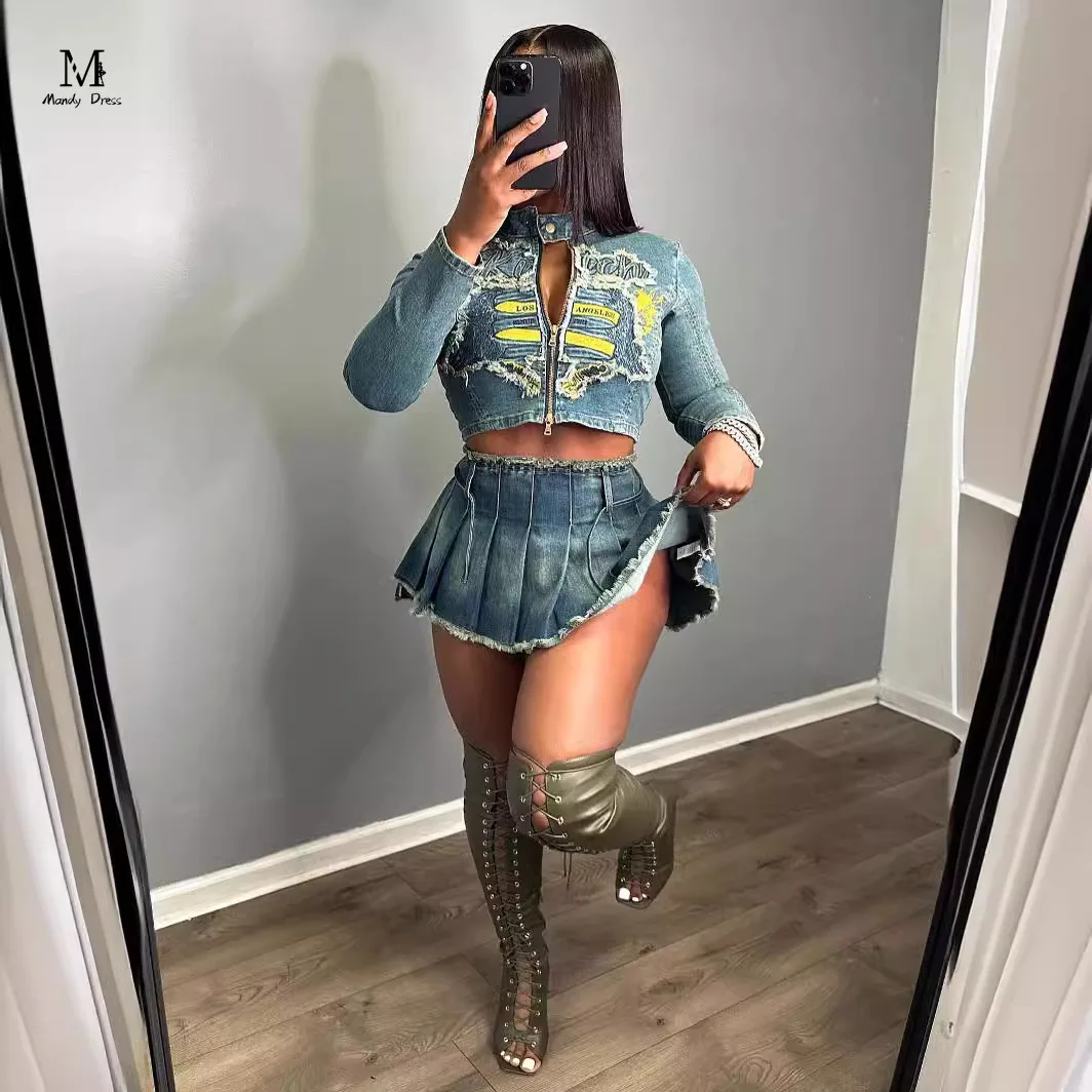 Fashion Stretch Denim Suit Women Embroidery Jacket Pleated Skirt Outfits Streetwear Lady 2 Two Piece Matching Sets 2024