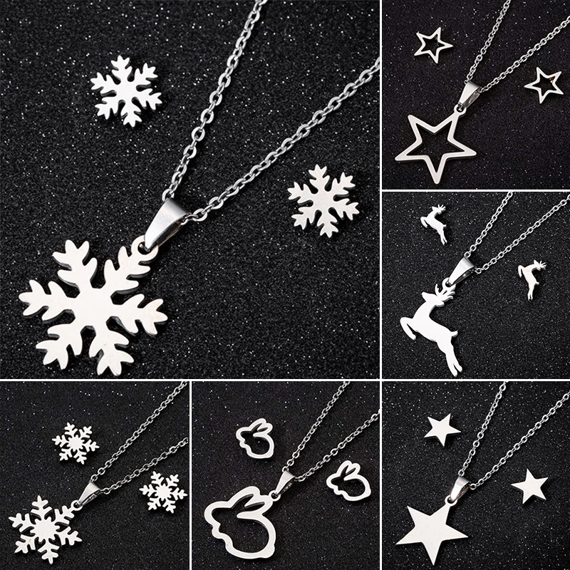 Christmas Deer Snowflake Charm Necklace Women Fashion Stainless Steel  Star Jewelry Set Girls Xmas Rabbit Earring Accessories