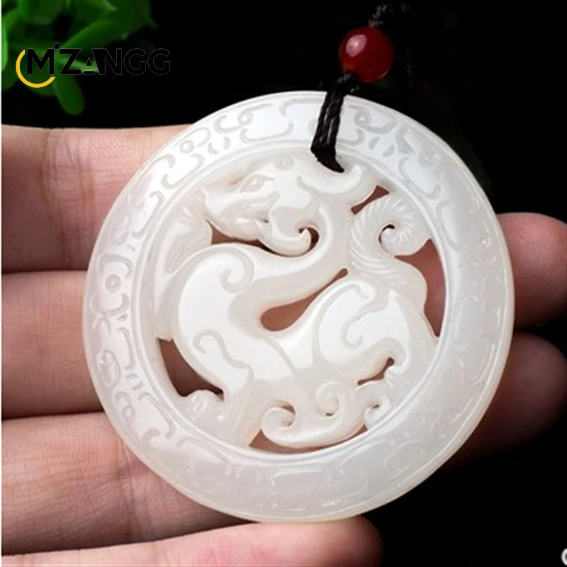 Naturalny Hetian Jasper Retro smok Jades wisiorek prawdziwy piękny rzeźbiony Hollow smok Men & naszyjnik damski z wisiorkiem prezent świąteczny — zdjęcie 3