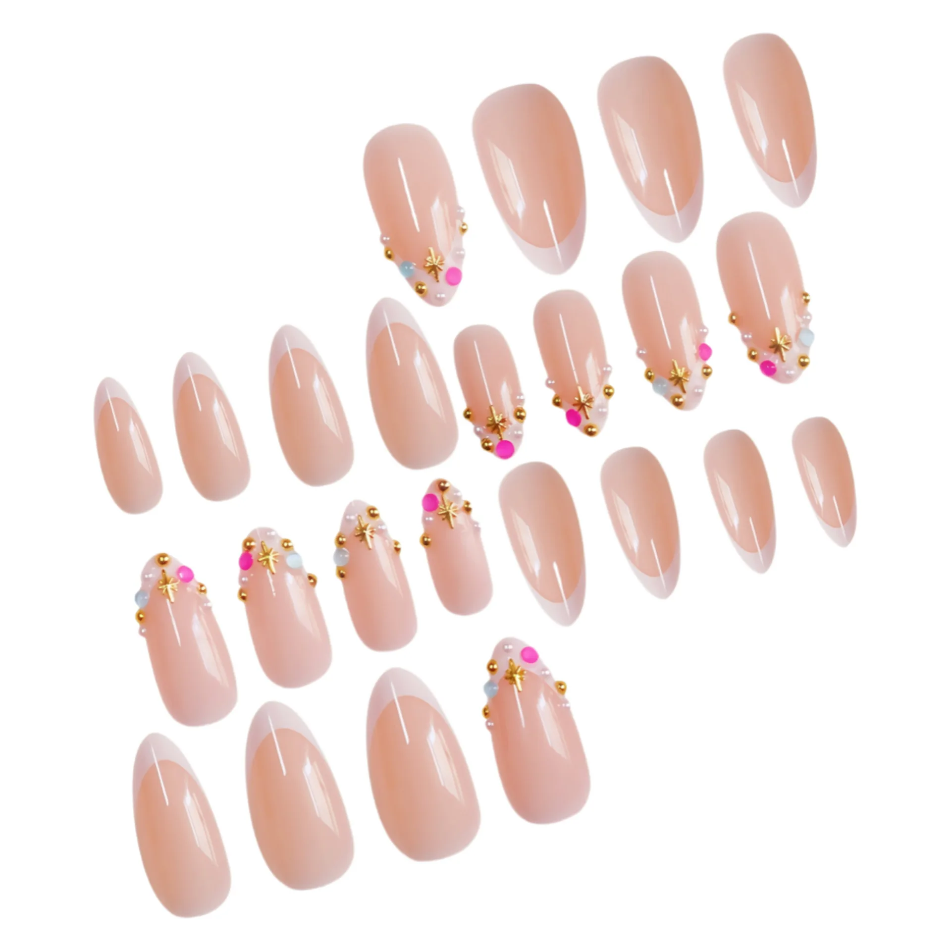 24Pcs Cute Star Candy Color French Pearl Full Cover Fake Nails Colorful Ins Pearl Wearable Nail Iridescent Diamond False Nails