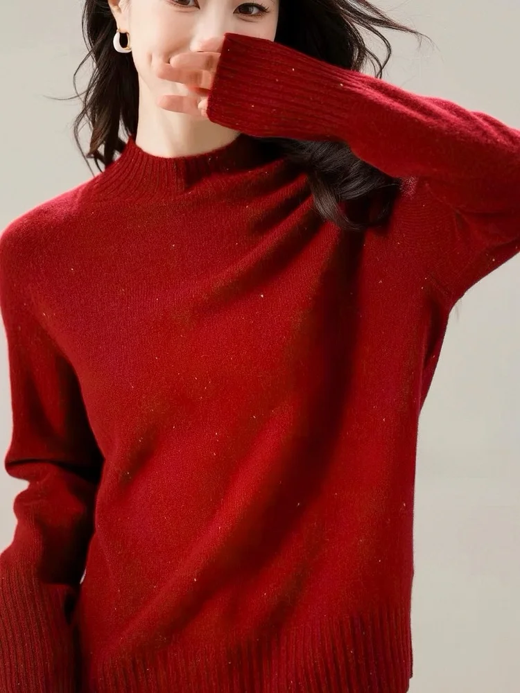 

Thiened Red Woolen Sweater Women's f High Collar Knitted irt Sparkling All Wool Winter Top Casual Loose Fit Warmth