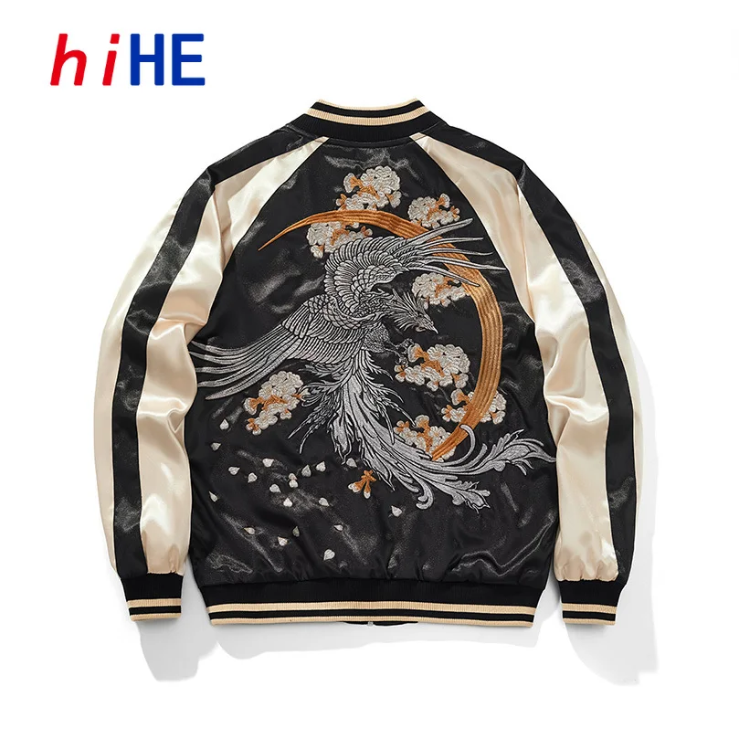 

Satin Baseball Jacket Men Women Sukajan Phoenix Embroidery Coat Hiphop Boys Harajuku Clothing Spring Streetwear D023