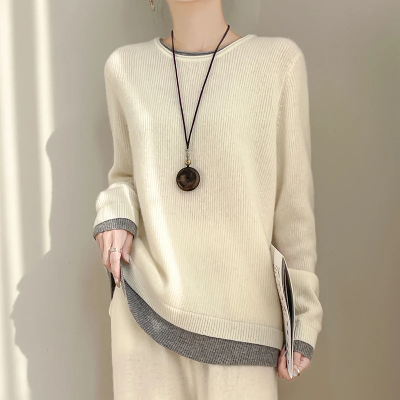 

100% Pure Wool Sweater Two-piece Set Round Neck Color Blocked Fake Two-piece Knitted Top Temperament Wide Leg Pants Set Trendy