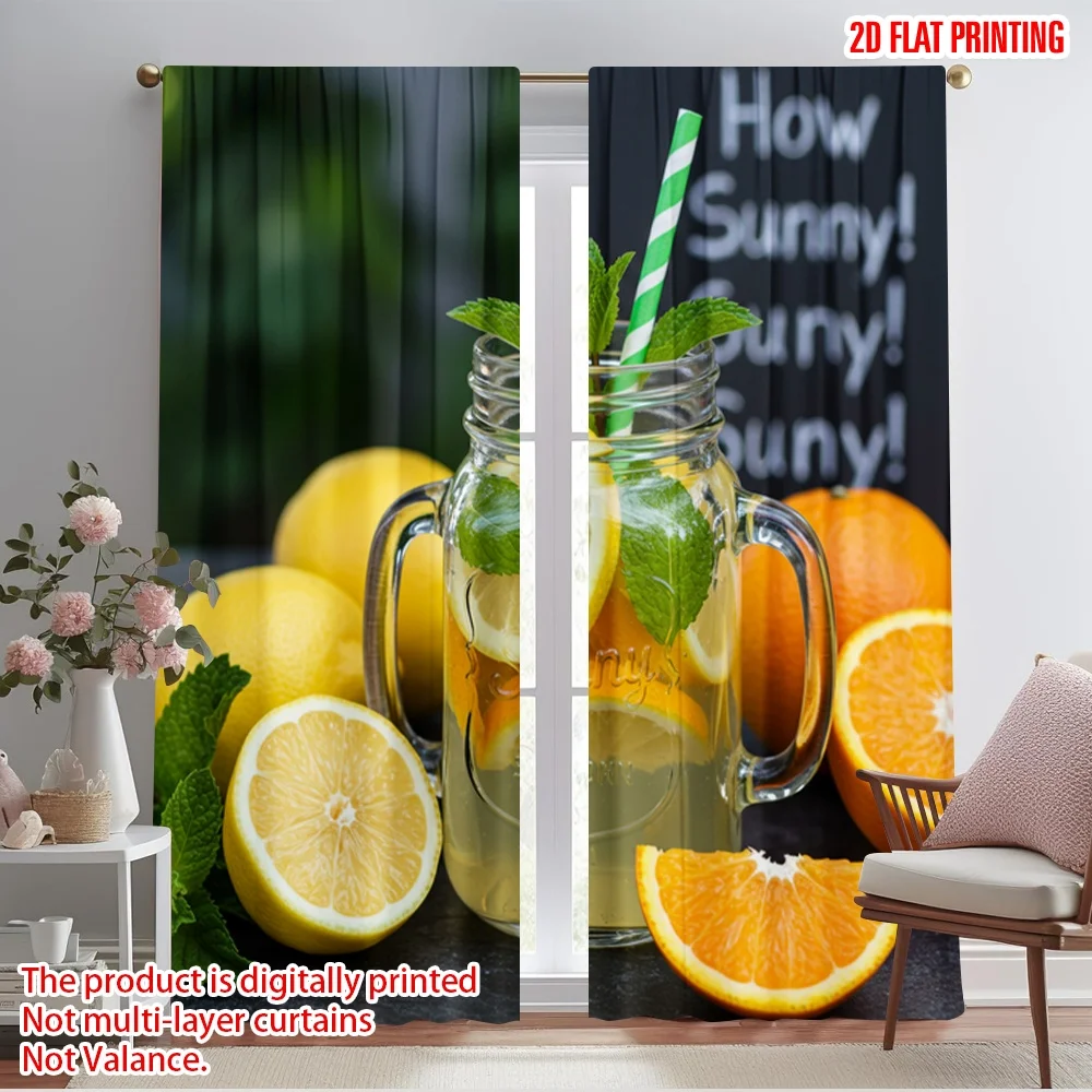 

2pcs 2D flat printing Curtains Sunny Citrus Lemonade Mint drink Fabric Without Electricity Party Decorations Perfect for Outdoor