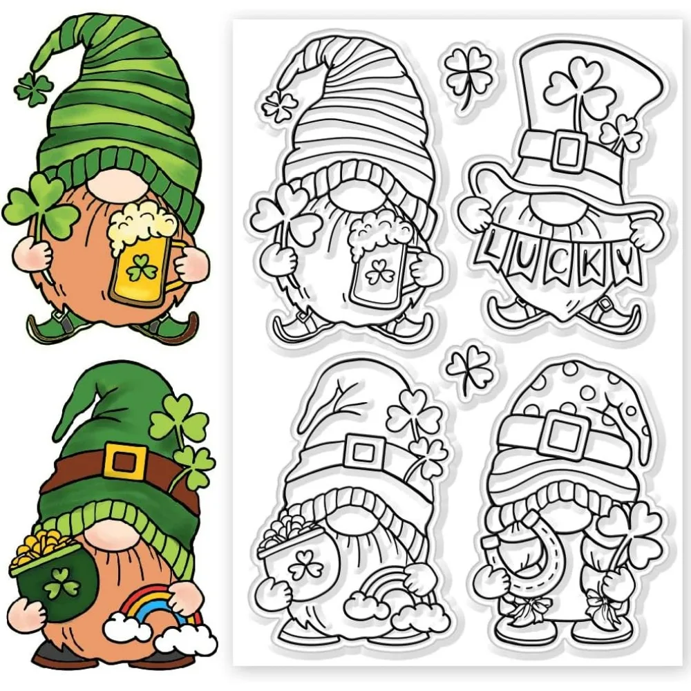 Gnomes Clear Stamps Silicone Stamps Clover Background Transparent Stamps for St. Patrick's Day Card Making DIY Scrapbooking