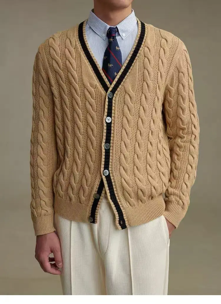 Retro college style design hand-woven twist contrast edge pure cashmere knit cardigan sweater
