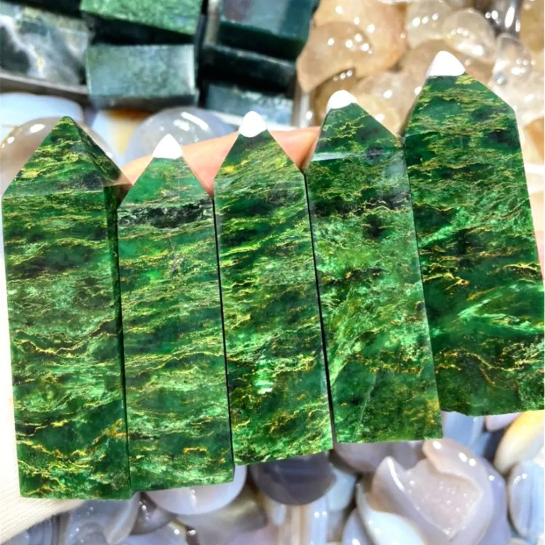 Emeraude Quartz Natural Stones For Jewelry Emerald Crystal Healing Reiki Points Square Pole Obelisk Desk Ornaments Precious Gem