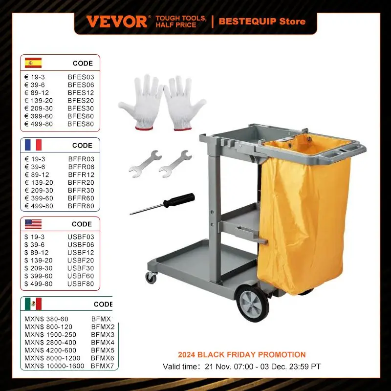 VEVOR Cleaning Cart 3-Shelf Commercial Janitorial Cart 200lbs Capacity with 25 Gallon PVC Bag for Office Hotel Airport Apartment